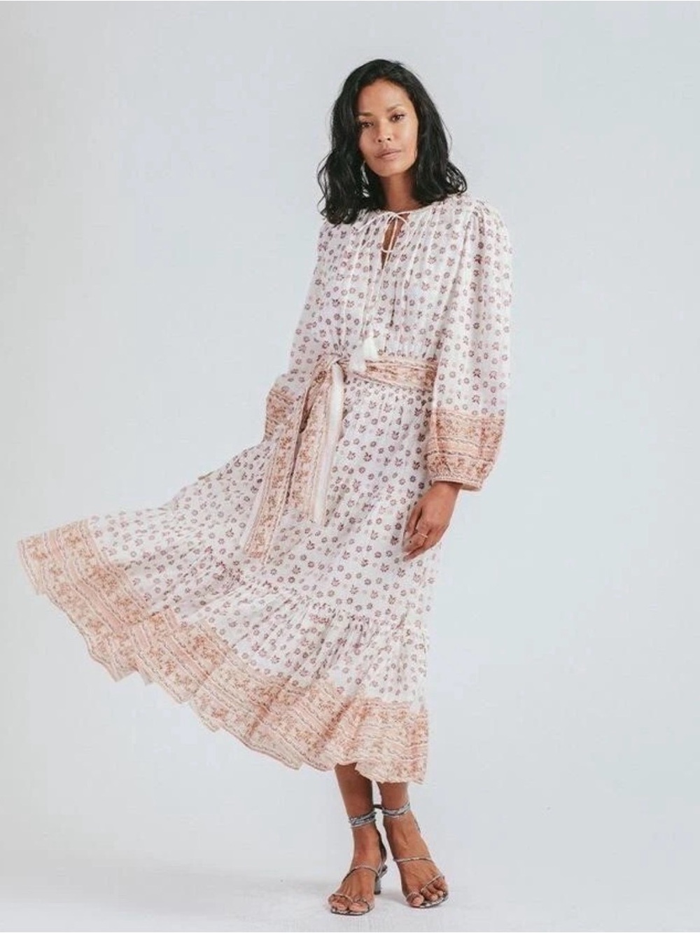 Cleobella Blakely White Neutral Floral Midi Dress Cotton India Block Print Boho